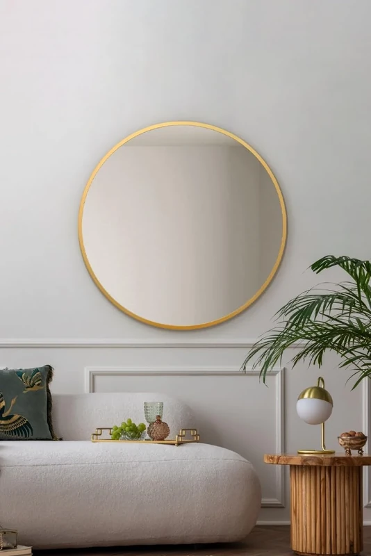 MirrorOutlet The Fenestra - Gold edged Modern Round Circular Wall Mirror 31" X 31" (80CM X 80CM) Silver Mirror Glass with Black Metal Frame