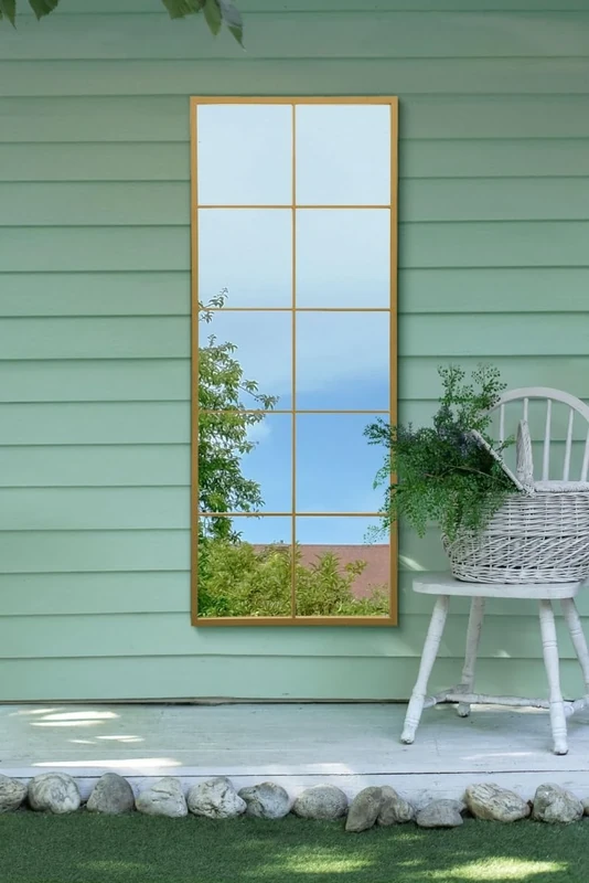 MirrorOutlet The Genestra - Gold Modern Window Garden Full Length Wall Mirror 59 x 24 150 x 60cm Silver Mirror Glass with Black Metal Frame.