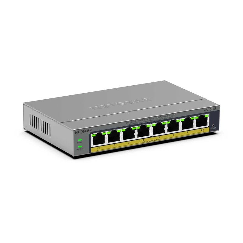 "NETGEAR 8-Port Gigabit Ethernet PoE+ Easy Smart Managed Switch - with 8 x PoE+ @ 62W, Fanless, Desktop or Wall Mount (GS108EP) "
