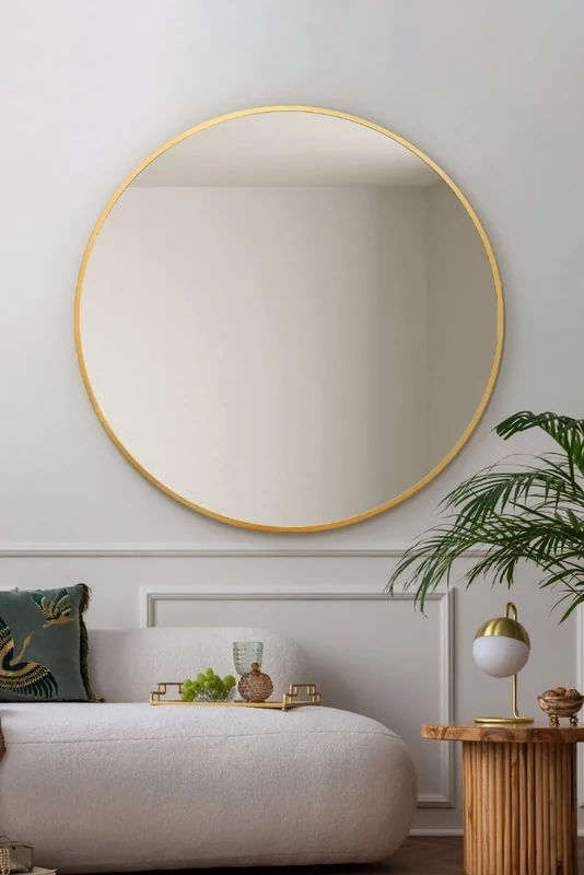MirrorOutlet The Fenestra - Gold edged Modern Round Circular Wall Mirror 43" X 43" (110CM X 110CM) Silver Mirror Glass with Black Metal Frame