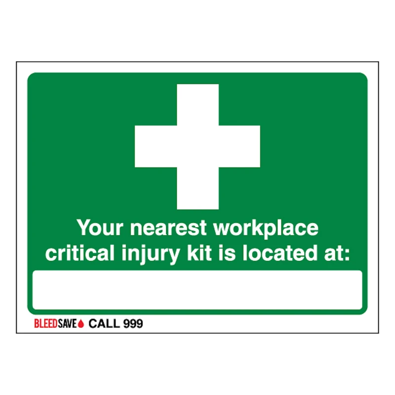 V Safety The Nearest Workplace Critical Injury Kit Is Located - Call 999 600 x 450 mm - Glow In The Dark Self Adhesive Vinyl