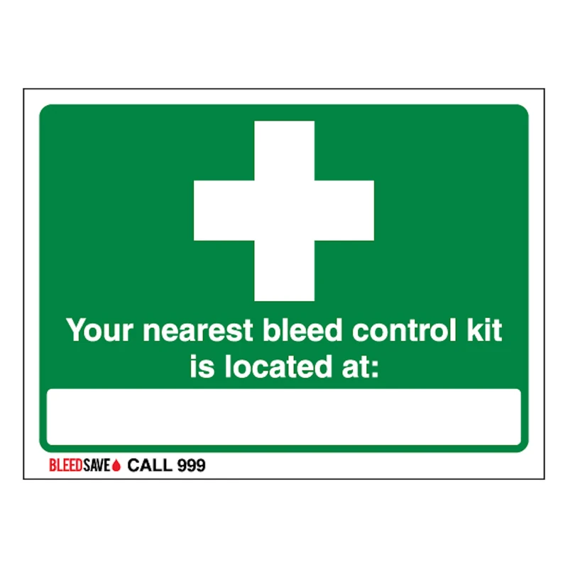 V Safety The Nearest Bleed Control Kit Is Located - Call 999 600 x 450 mm - Glow In The Dark Self Adhesive Vinyl - Image 1