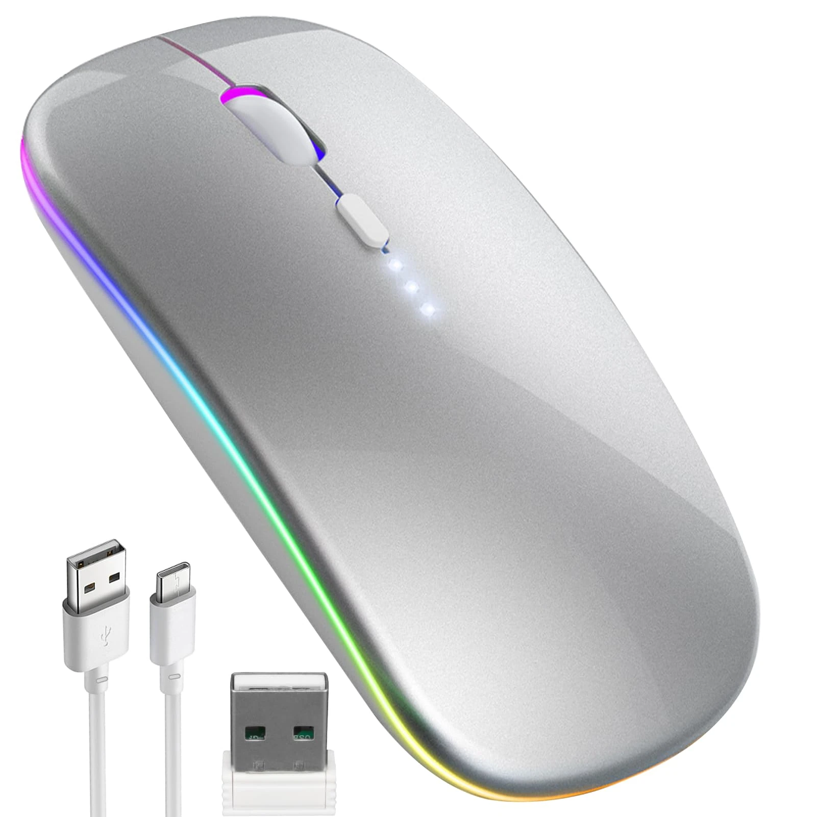 Yuio Wireless Bluetooth Mouse for Laptop, Slim LED Dual Mode Bluetooth 5.1+2.4Ghz Mouse for MacBook, Rechargeale Portable Optical Office Mouse with Mute button for Apple, PC, Windows, Mac OS, iPad OS