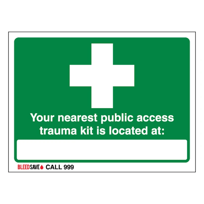 V Safety The Nearest Trauma Kit Is Located - Call 999 600 x 450 mm - Glow In The Dark Self Adhesive Vinyl