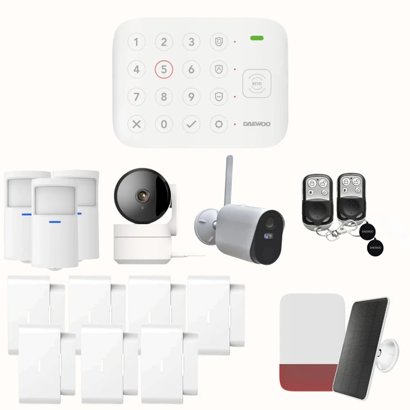 Daewoo VIG104 Vigilia WiFi Smart Alarm Pack - Wireless System and No Subscription, Compatible with Animals, Detectors and Solar Siren Included + Full HD Surveillance Cameras, App Included