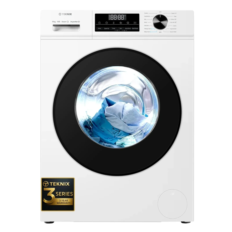 Teknix 3 Series TK3W1014XW 10kg Washing Machine - 1400 Spin - 3 Year Parts and Labour Cover - 1 Hour Wash Program - Durable Inverter Motor - Steam Function - Quick Wash - White