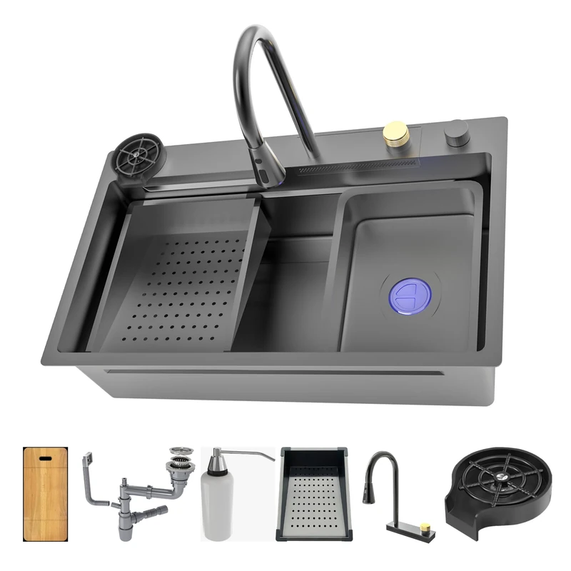 Cata Viral Waterfall Sink Over Counter Square Bowl 75 x 45 cm Includes Tap Washbasin Dispenser Table Drainer Accessories Steel Colour - Image 1