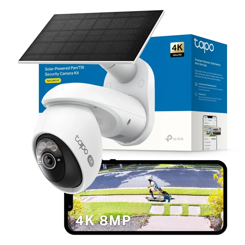 Tapo C660 KIT 4K 8MP Solar-Powered Pan/Tilt Security Camera, Starlight Color Night Vision, 360° AI Tracking Outdoor Camera, Solar Charging, Two-Way Audio, 2.4&5 GHz Connection, Works with Alexa&Google