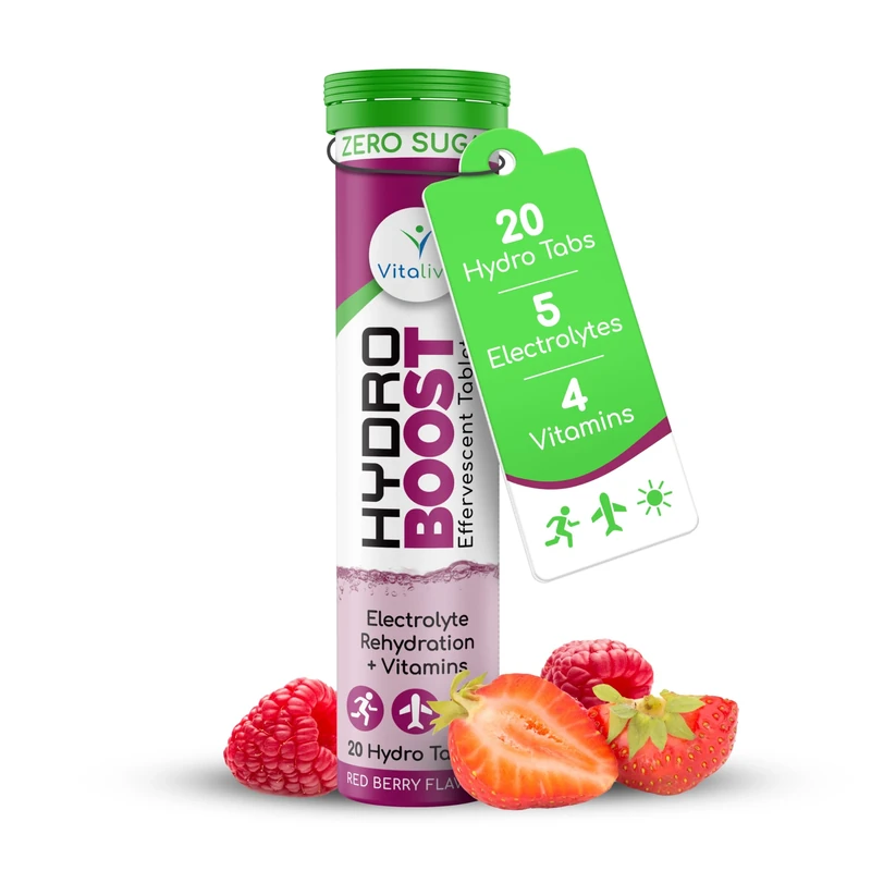 Hydro Boost Electrolyte Tablets + Vitamins | Rapid Rehydration & Recovery | Zero Sugar | New Strawberry & Raspberry Flavour | Vegan Friendly | 20 Hydro Tabs