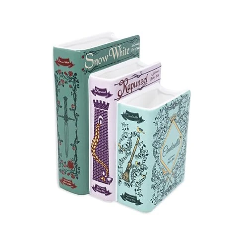 Steel Mill & Co Original Triple Book-Shaped Decorative Vase, Tiered Ceramic Bookshelf Decor, Unique Flower Holder for Book Lovers, Grimm's Fairy Tales