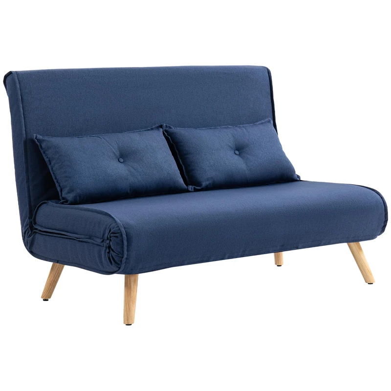 HOMCOM 2 Seater Sofa Bed, Click Clack Convertible Bed Settee with Adjustable Backrest, Modern Linen Feel Fabric Recliner Sofa Couch with Pillows for Living Room, Bedroom, Guest Room, Dark Blue