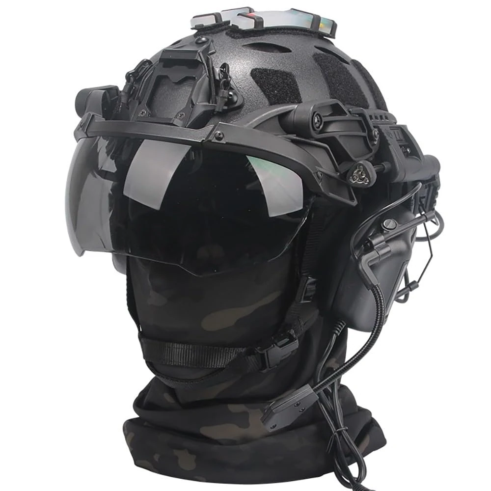 KUNYOS Adjustable Tactical Fast Helmet,Airsoft Protection Removable Goggles Helmet With Signal Light Tactical Communication Headset Headlamp For CQB Paintball Wargame Cosplay