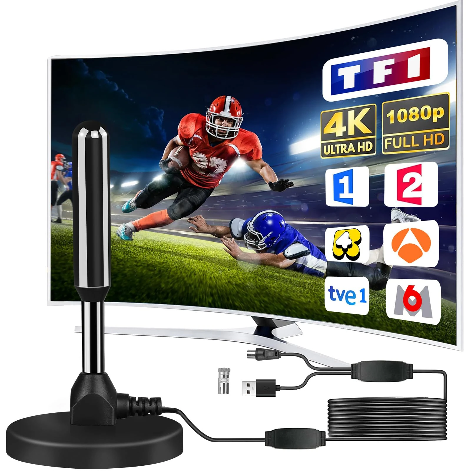 Indoor TV Aerial 500KM Range, 360° Signal Reception, Freeview HD Aerial for Smart TV, Plug & Play Setup, Strong Signal Booster, No Monthly Fees – Indoor Digital TV Antenna UK（7）