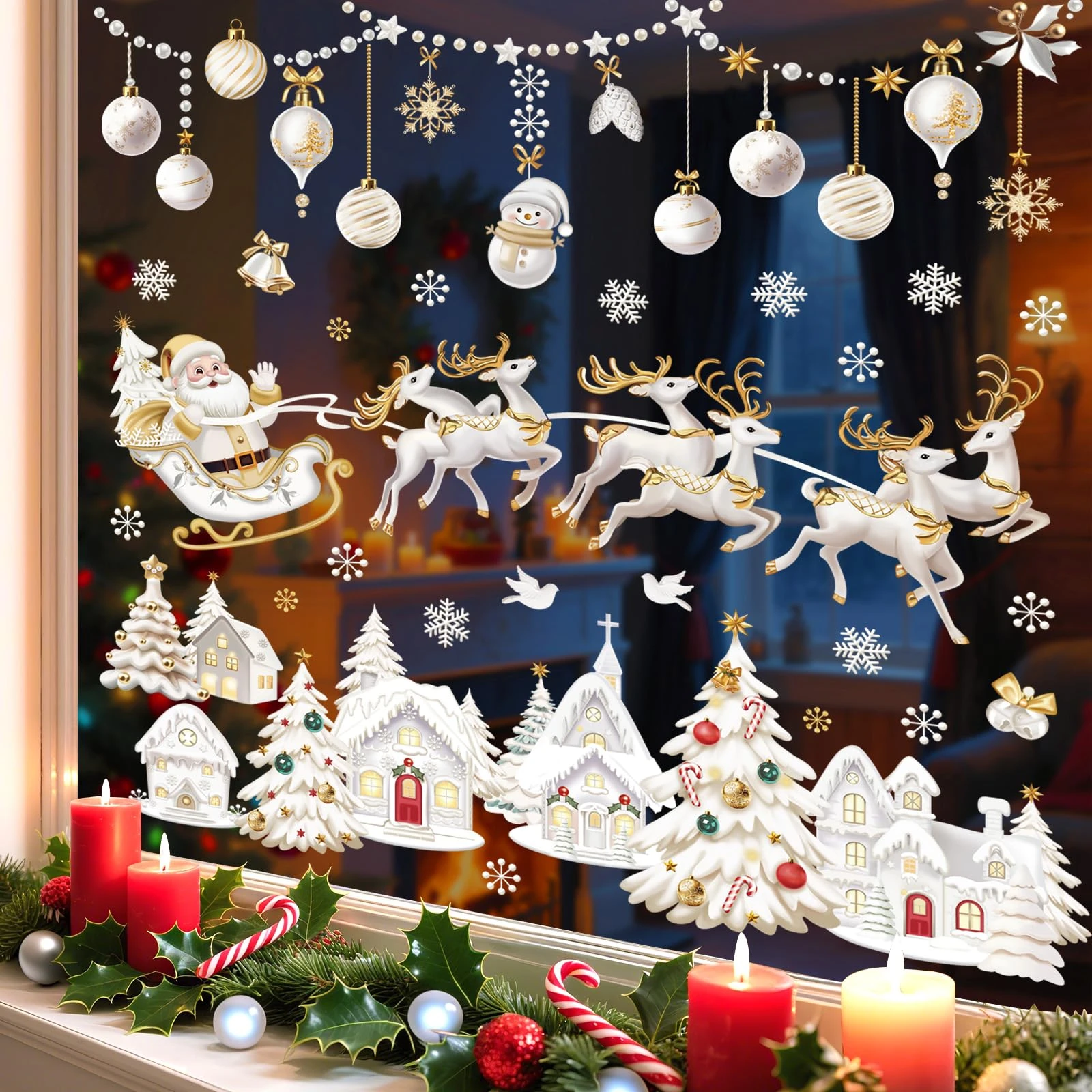 wondever 3D Christmas Snow House Window Clings Christmas Santa Claus Reindeer Glass Sticker Decal Anti Collision Double-Side Static Window Stickers for Glass Xmas Party