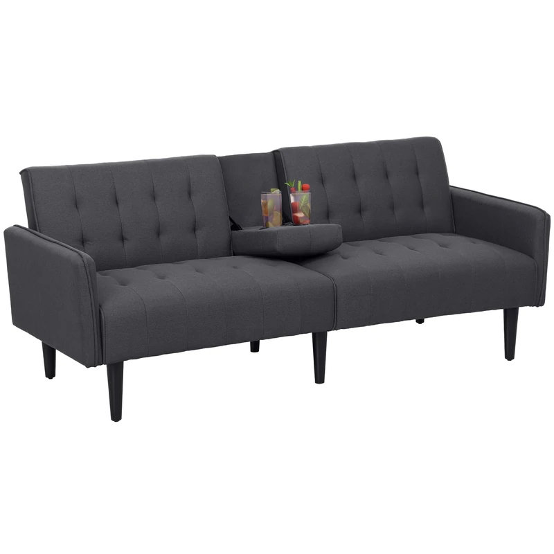 HOMCOM Click Clack Sofa Bed, Linen-Feel Fabric 3 Seater Sofa for Living Room/Spare Room/Guest Room, Bed Settee with Cup Holders, Grey