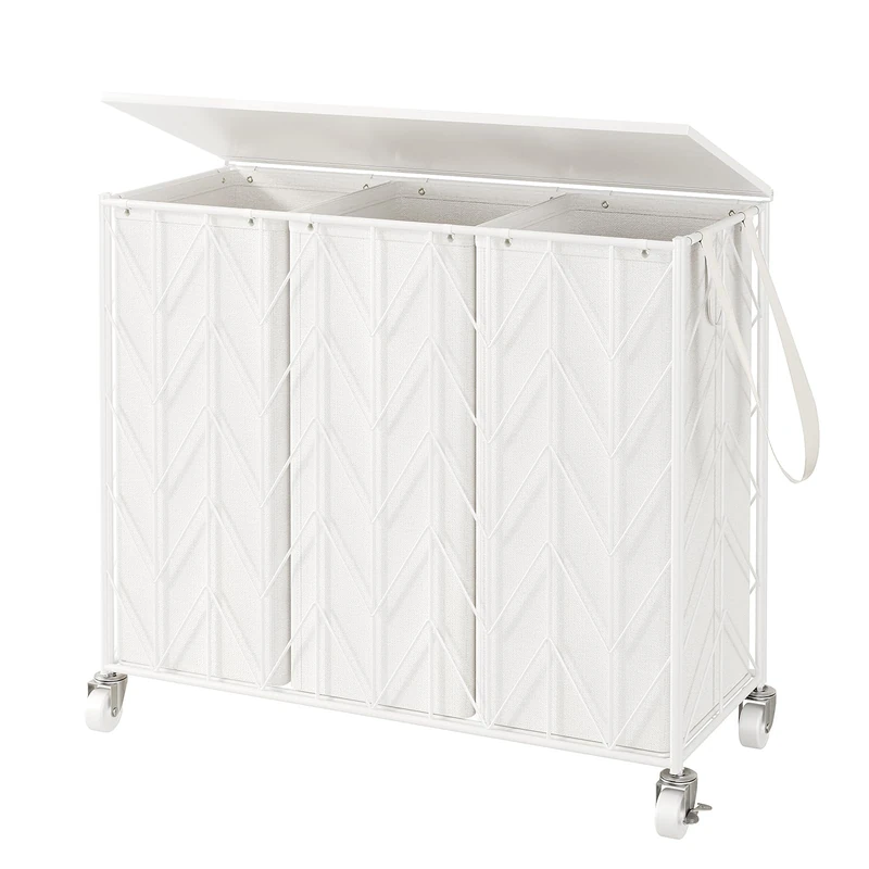 WOWLIVE Laundry Basket with Wheels, 142L Laundry Hamper 3 Section with Lid, Dirty Clothes Hamper with Removable Bags, Large Capacity Iron-Made Laundry Basket Organizer Laundry Sorter for Dorm, White