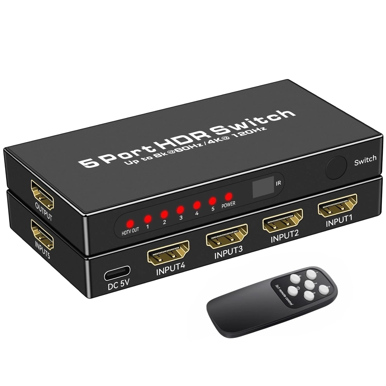 8K HDMI 2.1 Switch 5 in 1 Out, 8K@60Hz 4K@120Hz HDMI Switcher Selector with Remote Support 48Gbps HDR 10+ Dolby Vision/Atmos HDCP 2.3 CEC for PS5 4 Pro B0X TV Game PC Roku