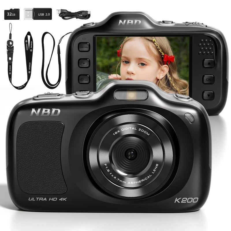NBD K200 Digital Camera for Teens, 64MP Photo & 4K Video, Portable Vlogging Camera with 16X Zoom, 120g Ultra-Light Fashion Accessory (Black)