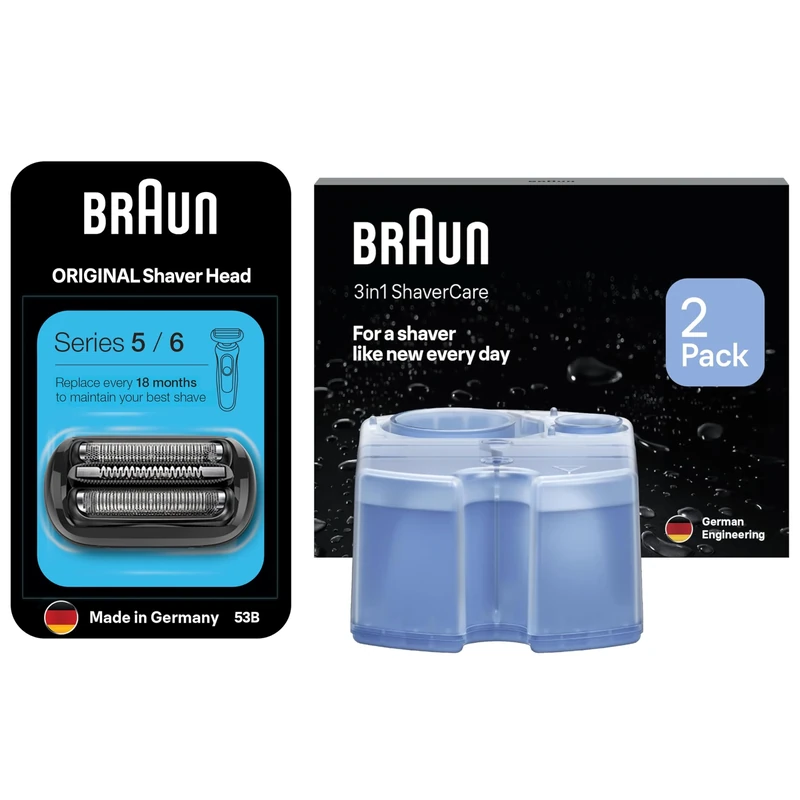 Braun Series 5 Electric Shaver Original Replacement Head, 53B, Braun 3in1 Original Shaver Care Refill Cartridges, Hygienic Cleaning, 2 Pack