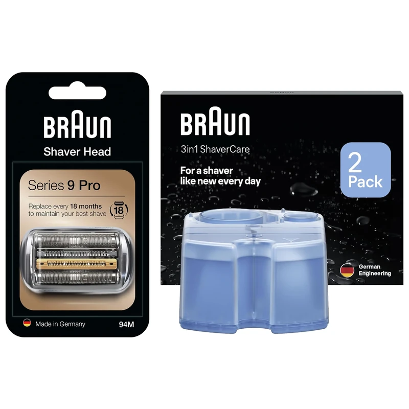 Braun Series 9 Electric Shaver Original Replacement Head, 94M, Braun 3in1 Original Shaver Care Refill Cartridges, Hygienic Cleaning, 2 Pack