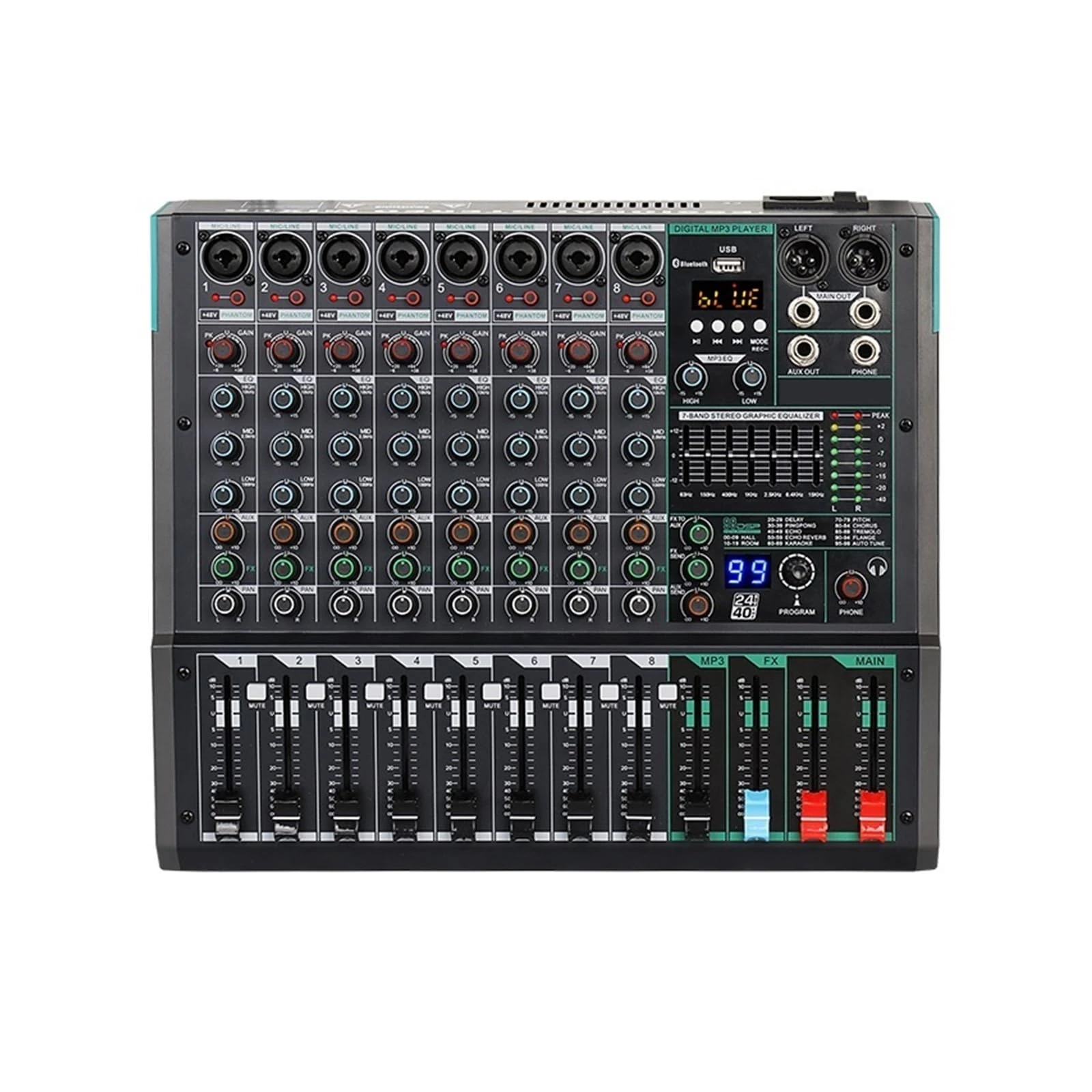 RDVXI Audio Mixer, Professional Audio Mixer 8 Channel Sound Board Console DJ Mixing Desk System Interface Built-in 99 Reverb Effect