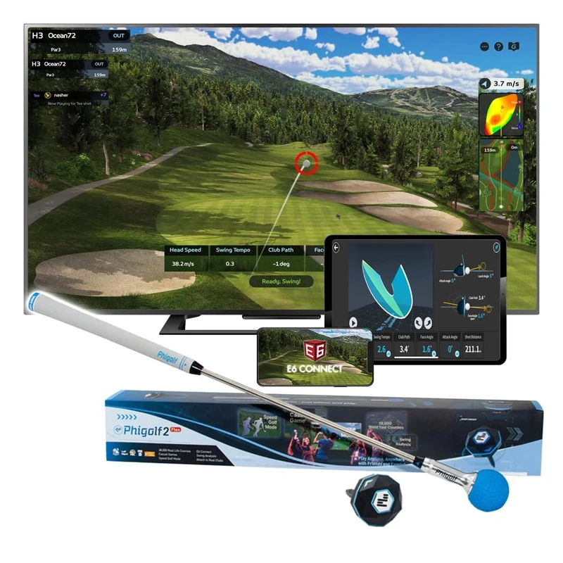 PHIGOLF Phigolf2 Golf Simulator with Retractable Swing Stick for Indoor & Outdoor Use, Golf Swing Trainer with Motion Sensor & 3D Swing Analysis, Compatible E6 Connect APP, Works with Smartdevices