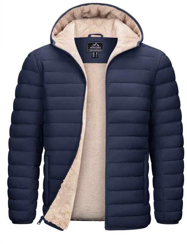TACVASEN Men's Coat Winter Down Jacket Quilted Hooded Sherpa Lined Water Resistant Puffer Quilted Jackets Navy L