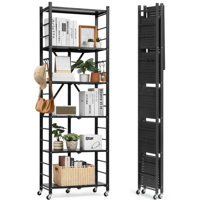 VEVOR 6-Tier Foldable Storage Shelf, 24W x 12D x 72H Inch Folding Metal Rack Shelving Unit, No Assembly Organizer Shelf with 5 Wheels & 4 Hooks for Pantry, Kitchen, Garage, Basement, Black