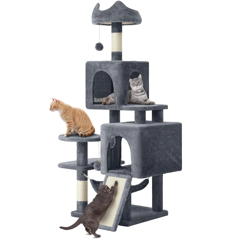 YITAHOME Large Cats Tree, 137 cm Tall, XL Tree, with 2 Sisal Posts, 1 Scratching Post, 1 Platform, 2 Caves, Hammock, Plush Balls, Scratching Board, Climbing Tree for Cats, Dark grey