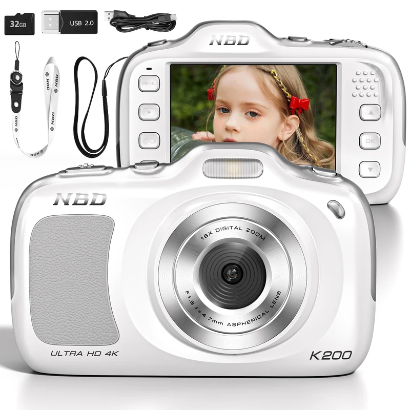 NBD K200 Digital Camera for Teens, 64MP Photo & 4K Video, Portable Vlogging Camera with 16X Zoom, 120g Ultra-Light Fashion Accessory (White)