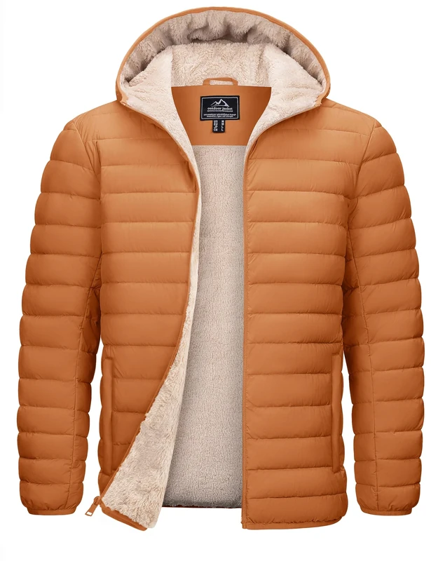 TACVASEN Men's Winter Jacket Sherpa Lined Hooded Puffer Water Resistant Warm Quilted Down Jackets Parka Coat Brown 3XL