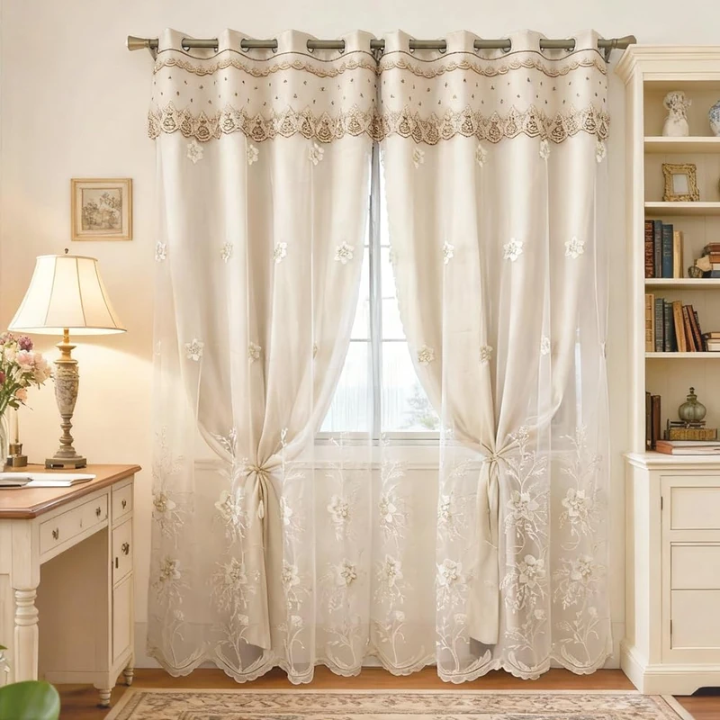 Amidoudou 1 Pair European Double Layer Curtains for Living Room Bedroom Luxury Flower Embroidered Curtains with Valance (Beige,52x102 Inch)