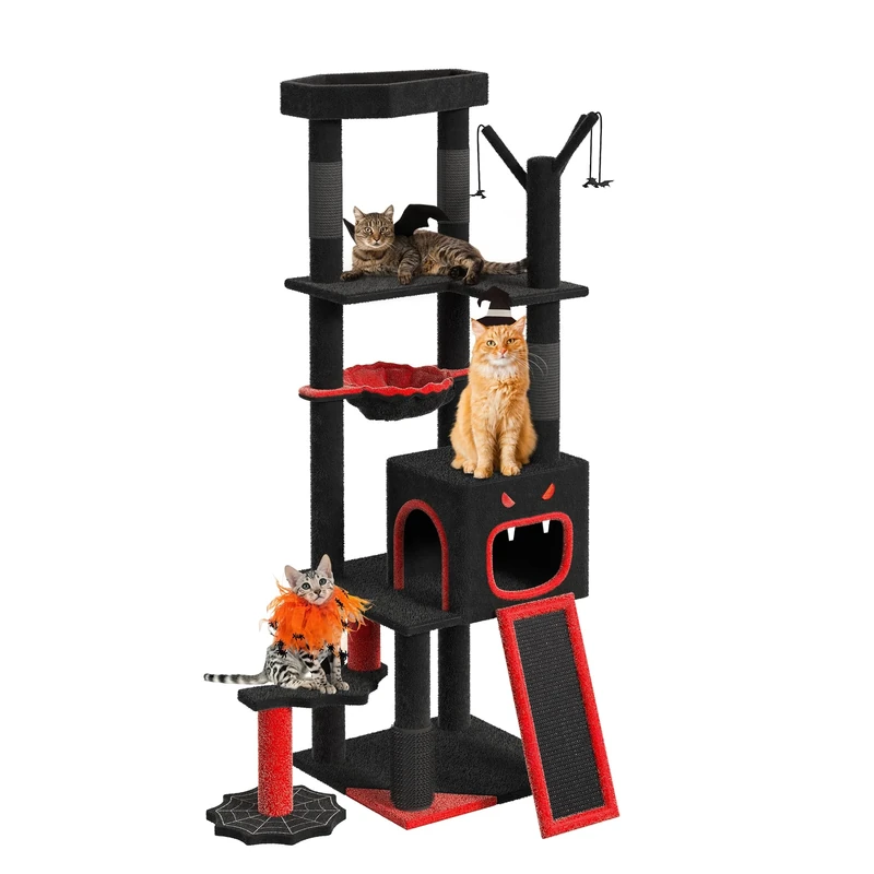 YITAHOME Gothic Cats Tree, 153 cm Tall, Stable Tree for Large Cats, XL Tree with 4 Sisal Posts, 1 Scratching Board, 1 Bed, 1 Funny Stick, Platform Nest, Cave, Halloween cat tree, Black