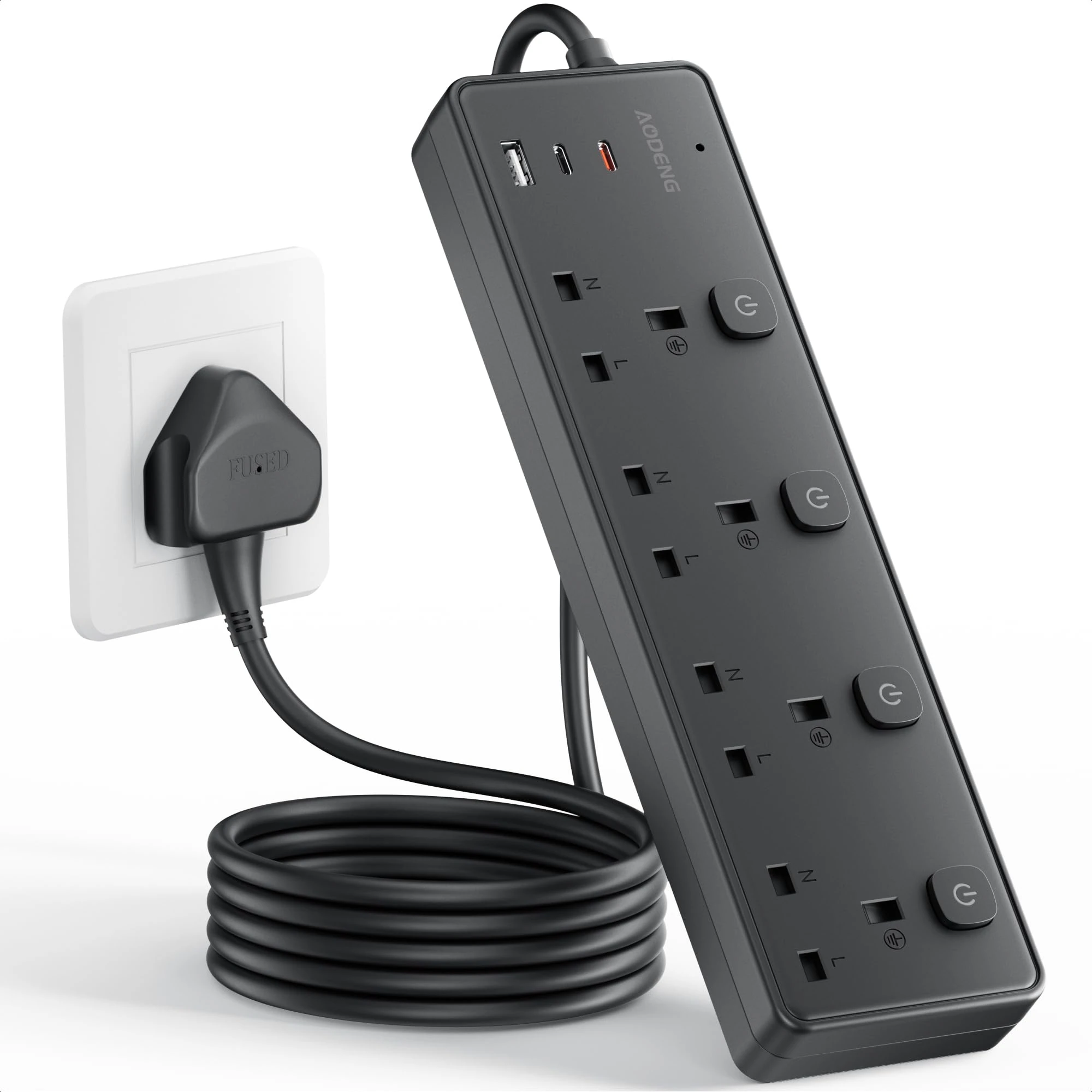 Extension Lead with 3 USB Slots(30W),4 Way Sockets Outlets Ports Extension Cable with 4 Individual Switches Surge Protected，Wall Mountable Extension Socket for Home,Office,School,3M,Black