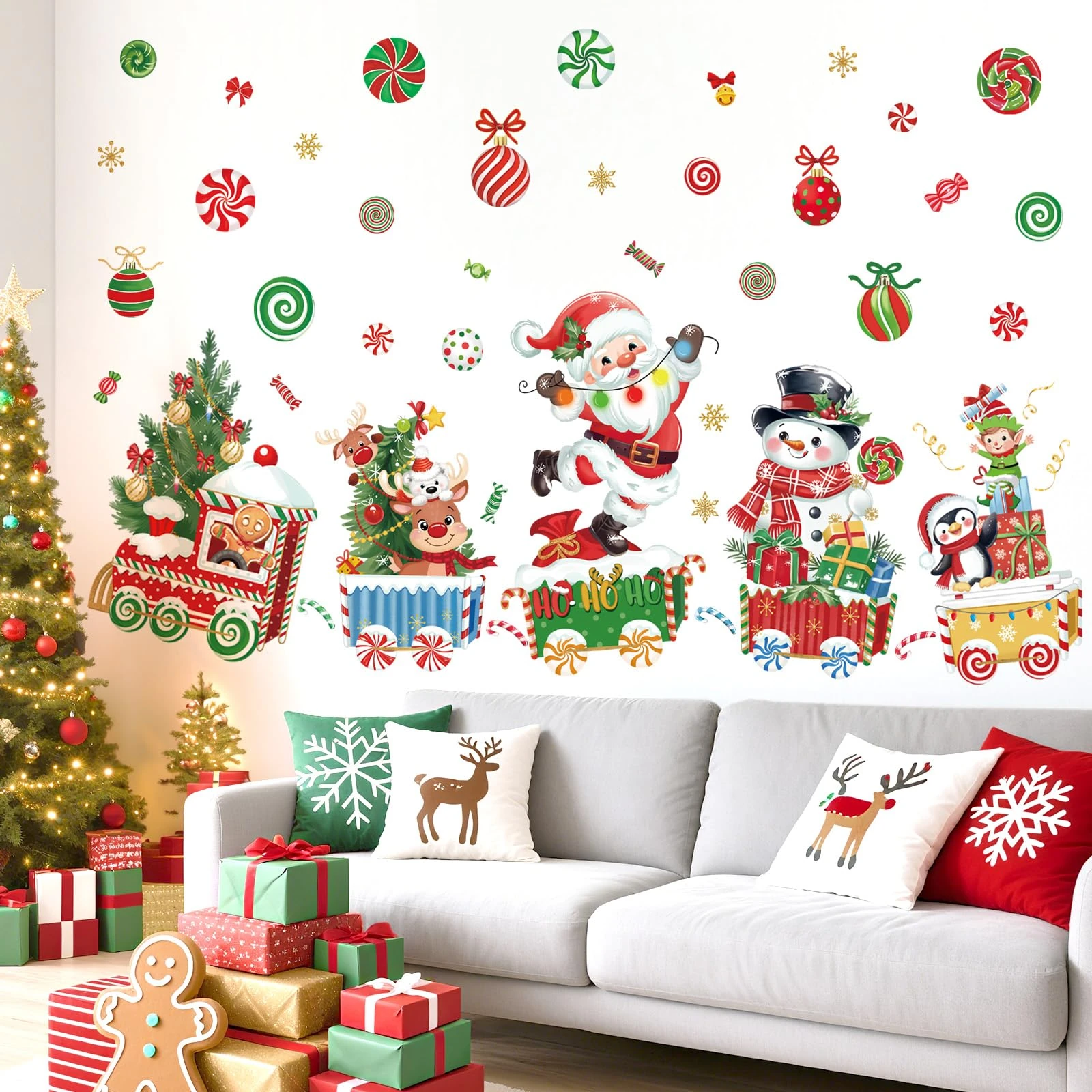 wondever Christmas Train Santa Claus Reindeer Wall Stickers Christmas Tree Snowman Penguin Peel and Stick Wall Art Decals for Window Xmas Home Party