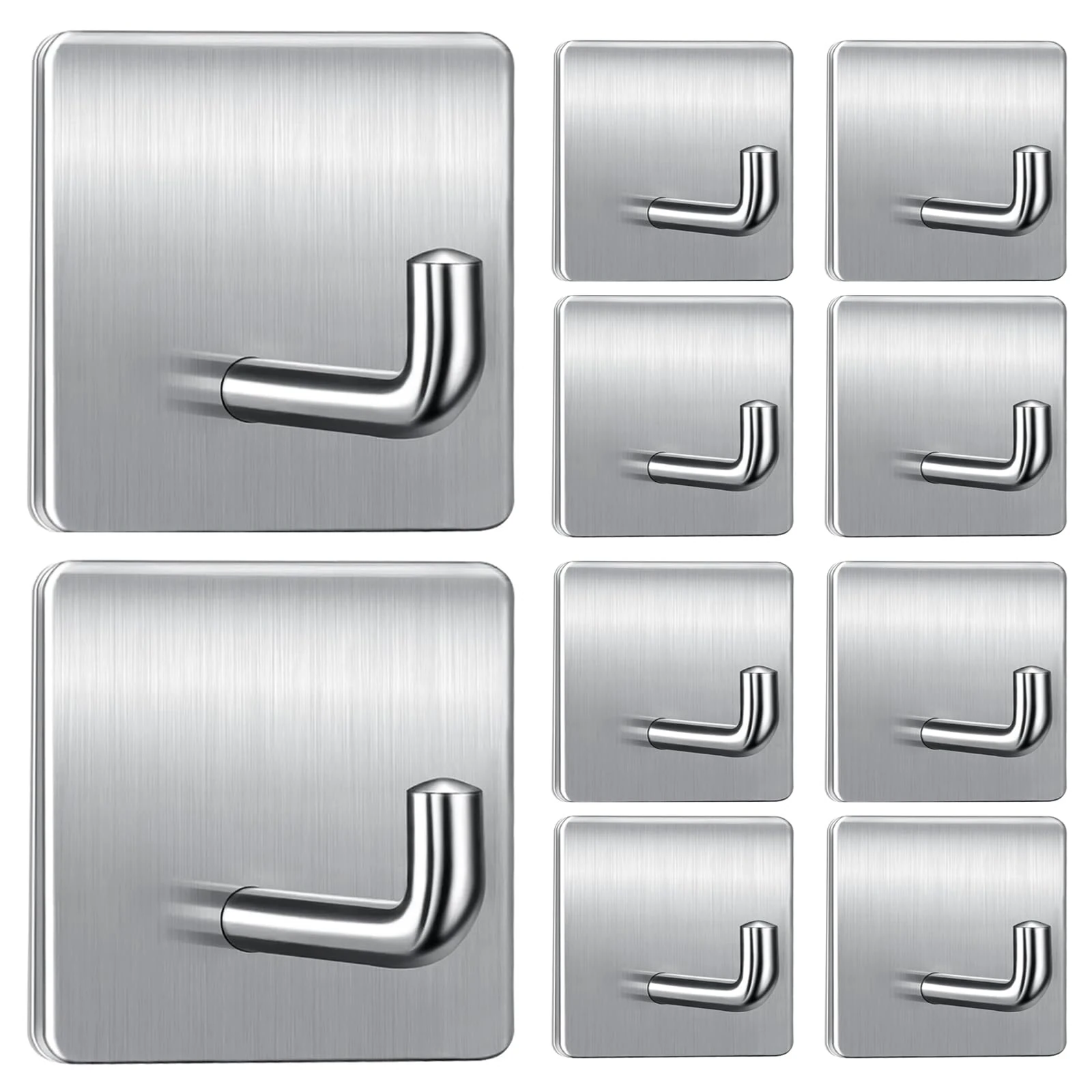 Woobroo Self Adhesive Hooks, Extra Sticky and Strong on Wall and Door, 10 Packs 304 Stainless Steel Heavy Duty Hooks for Doors, Kitchen, Bathroom, Cupboards, Office, Walls, Coats, Keys