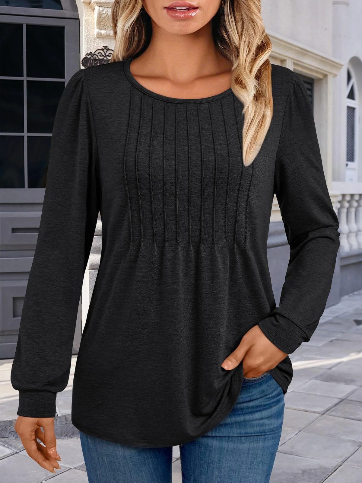 Womens Long Sleeve T-Shirts Dressy Business Casual Tops Tunic Fall Fashion Crewneck Blouse Trendy Winter Outfits 2025, Black, X-Large