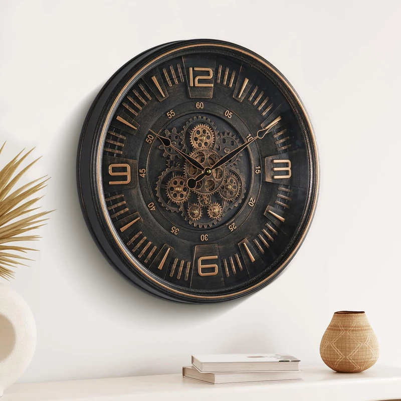 Maxstar 20 Inch Vintage Wall Clock with Movable Gears, Industrial Steampunk Metal Decor for Living Room, Office, Fireplace, Farmhouse (Arabic Number - Bronze)