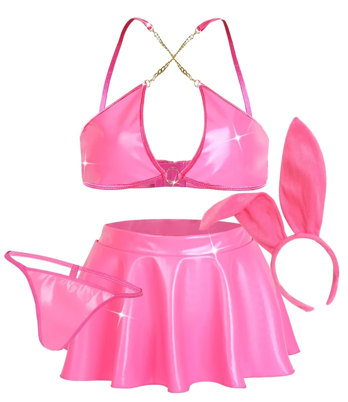Ausing Women's Sexy Bunny Costume Shiny Lingerie Set Bra Mini Skirt Thong Headband Set Ladies Bunny Rave OutfitsL Pink - Image 1
