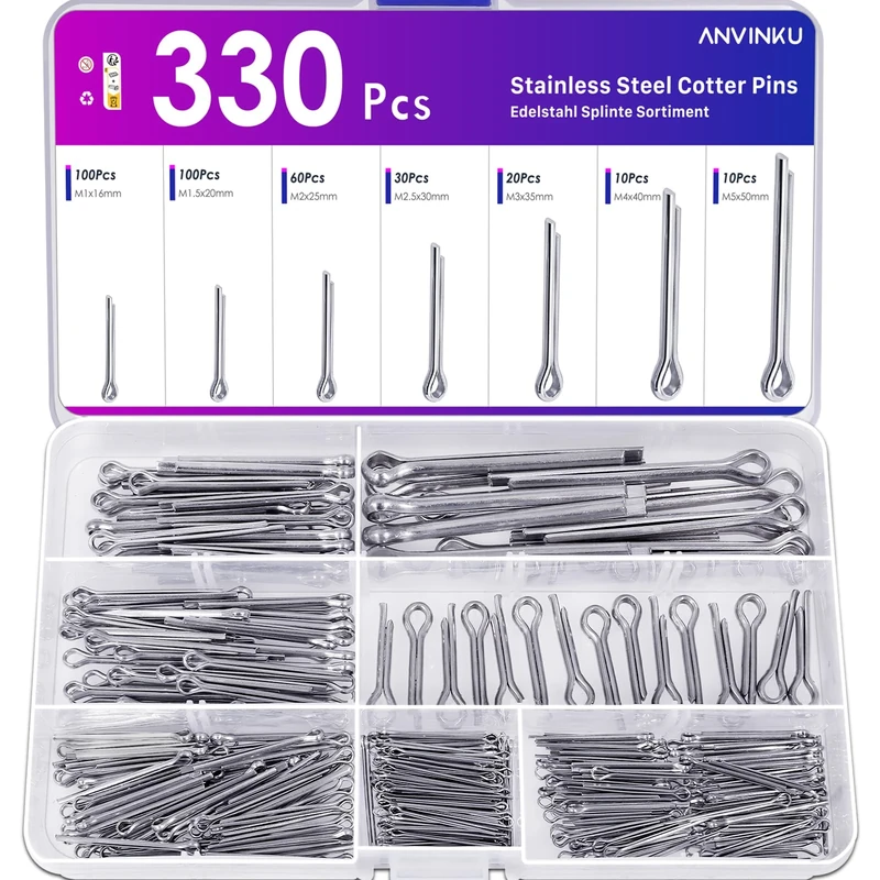ANVINKU 330PCS Stainless Steel Cotter Pins - 7 Sizes for Auto & Marine