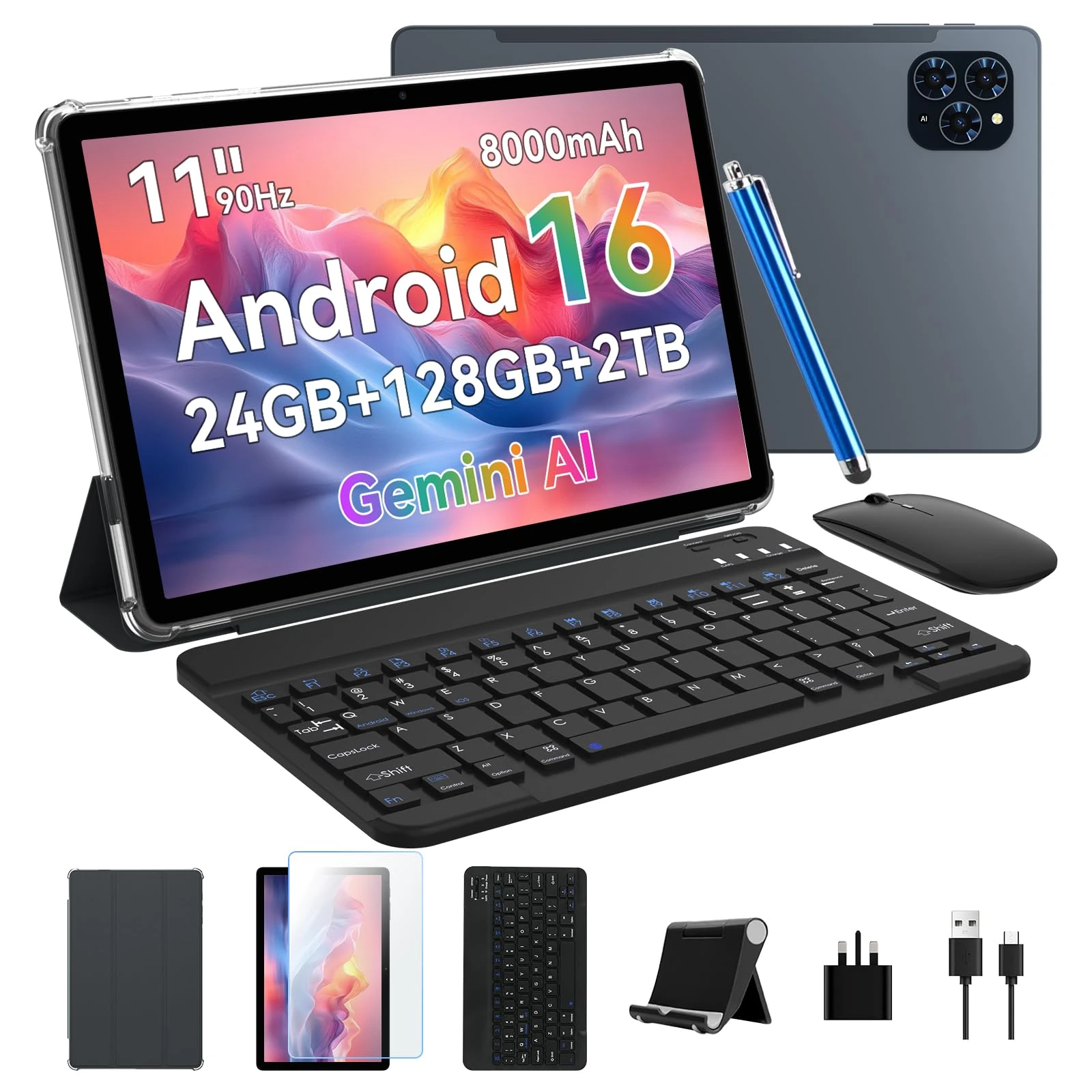 Tablet 2025 Android 16 Tablet with Gemini AI 2.0, 11 Inch FHD Display, 24GB RAM 128GB ROM /2TB TF, T615 CPU, 13MP AI Camera, 8000mAh, 5GWIFI, Widevine L1, 2 in 1 Tablets with Keyboard Mouse Stylus