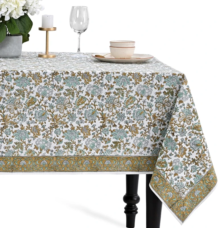 CPC Tablecloth 100% Cotton 80x120 Inch Indian Block Print Rectangle Table Cover, Blue Table Cloth for Weddings, Spring/Summer, Barbeque -Topaz Blue