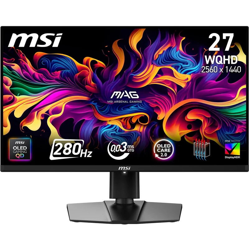 MSI MAG 271P QD-OLED X28 27 Inch WQHD Gaming Screen – Quantum Dot OLED 2560 x 1440, 280Hz / 0.03ms, DisplayHDR True Black 400, HDMI 2.1, DP 1.4a, USB-C (PD 15W), Adjustable Height and Tilt