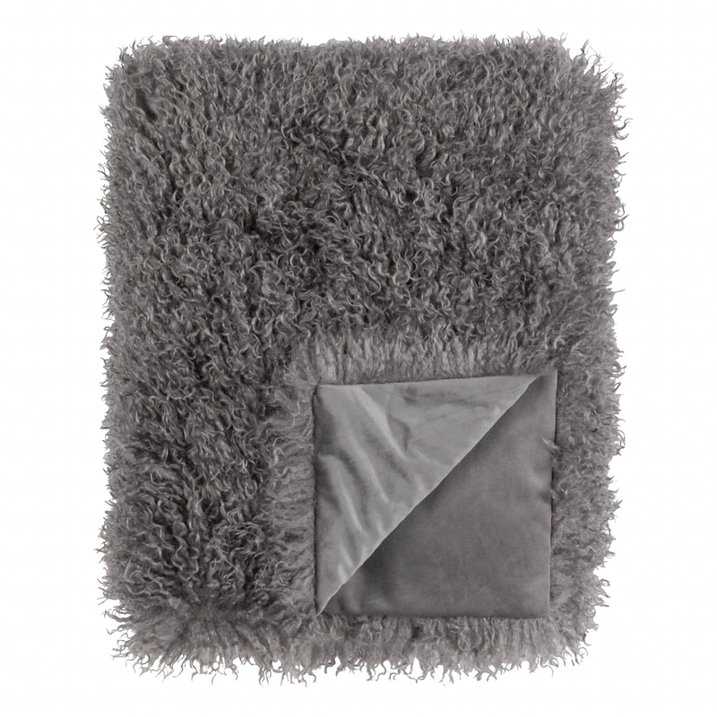 furn. Rowan Throw – Soft Faux Fur Mongolian Style Decorative Blanket with Velvet Reverse (Grey - 130x175cm)