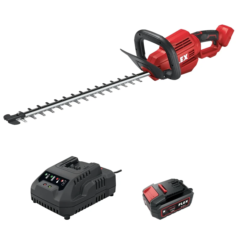 FLEX Aktion GHT 55 18-EC Cordless Hedge Trimmer + AP 18/5.0 + CA 18.0-LD – Includes 18 V Battery and Charger (Dimensions 1000 x 220 x 165 mm, Weight 2.9 kg, Blade Length 55 cm) 534495