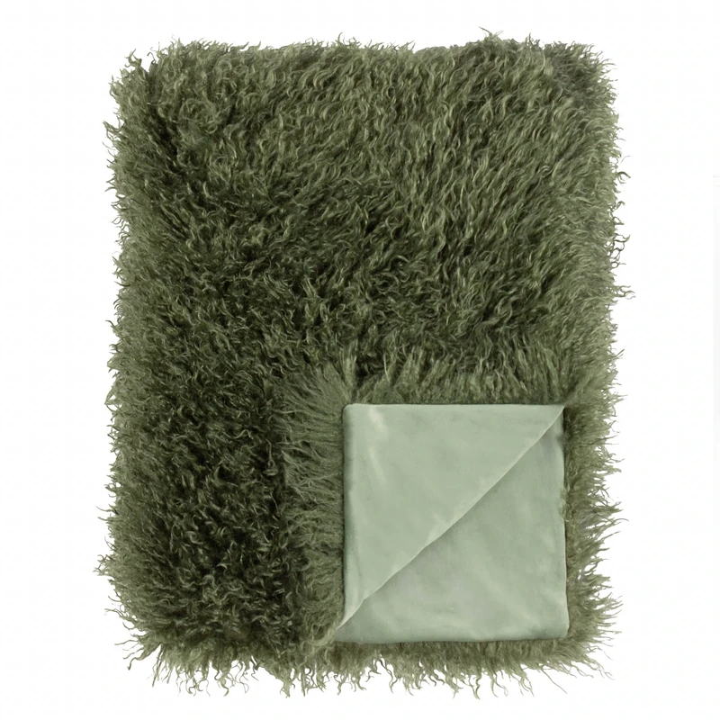 furn. Rowan Throw – Soft Faux Fur Mongolian Style Decorative Blanket with Velvet Reverse (Khaki - 130x175cm)