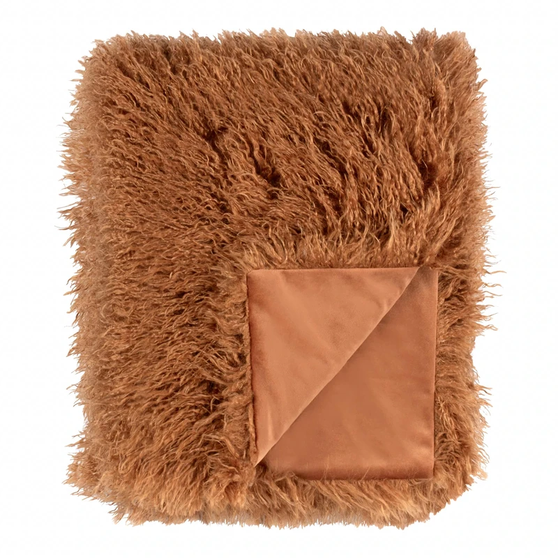 furn. Rowan Throw – Soft Faux Fur Mongolian Style Decorative Blanket with Velvet Reverse (Ginger - 130x175cm)