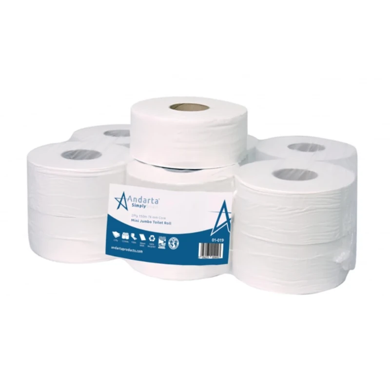 Andarta - 76mm Core 2Ply Mini Jumbo White Toilet Rolls - Pack of 12 High Capacity Toilet Roll - 150m Per Roll - Made from Recycled Materials - Suitable for All Jumbo Dispenser