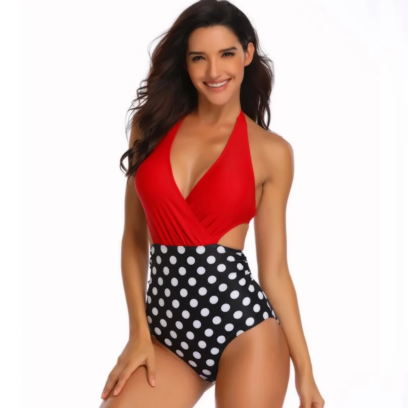 Generic Women's High Waisted Cutout One Piece Swimsuit - Red Medium