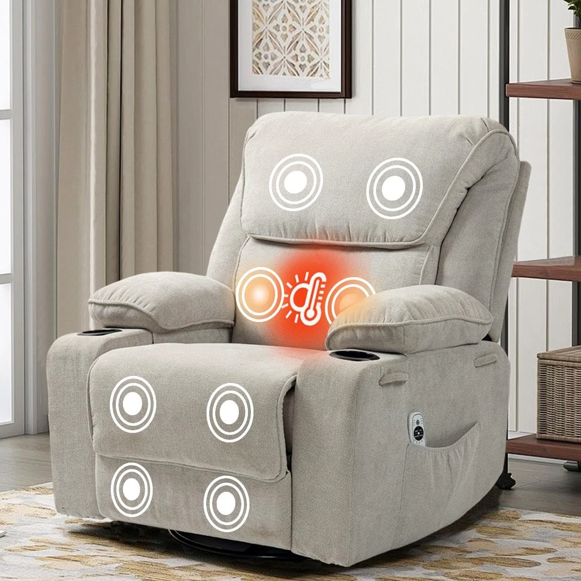 Recliner Chair with Massage& Heat Extended Footrest Armchair Padded Seat Manual Adjustable Legrest and Backrest with Cup Holders for Living Room Bedroom Home Cafe 360° Swivel, Rocking Function, Beige